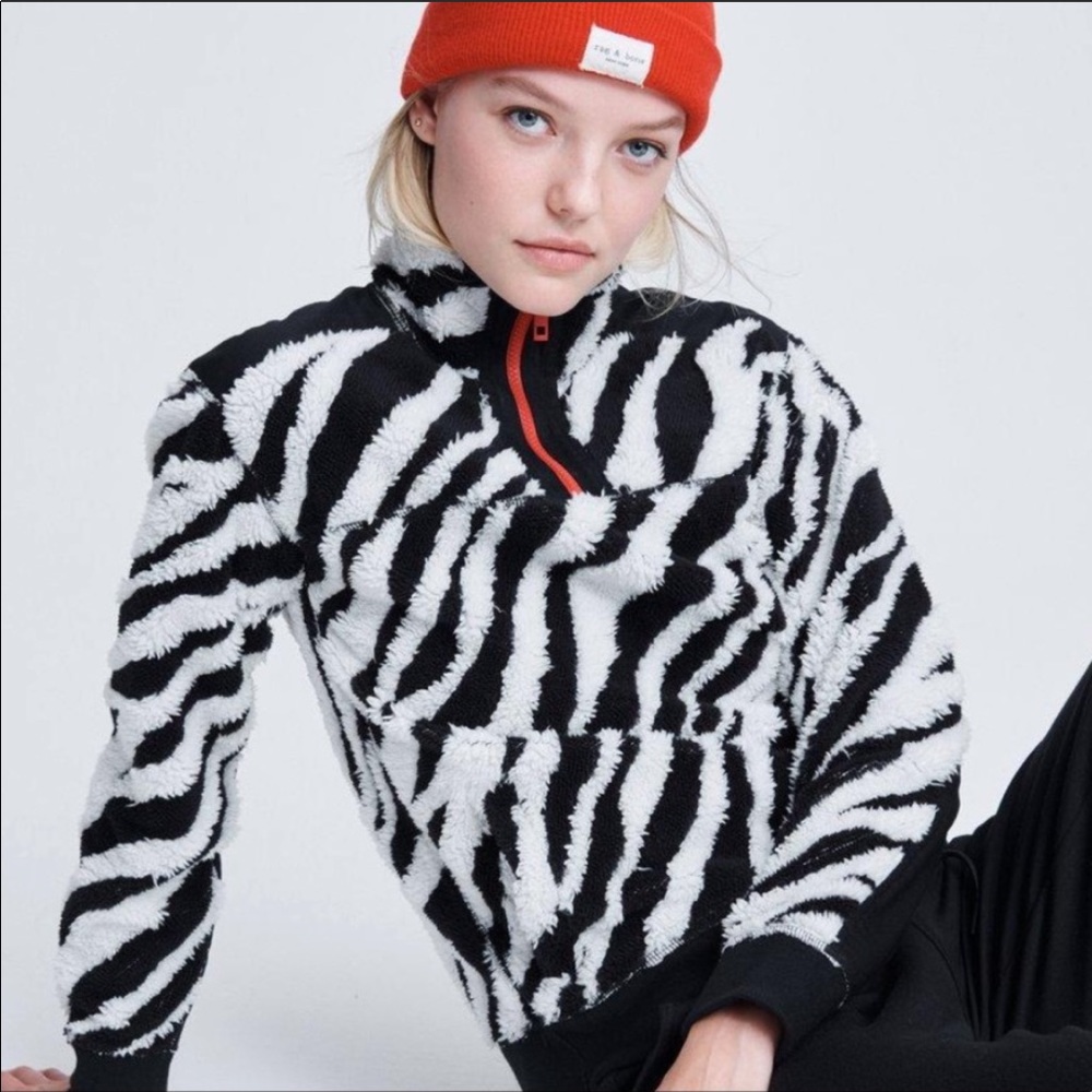 rag & bone Black and White Zebra Sherpa Half-Zip Hoodie